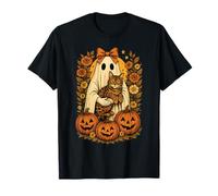 Vintage Ghost Holding Bengal Cat with Pumpkins Halloween T-Shirt