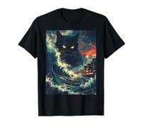 Vintage Giant Black Cat Monster Japanese Ocean Wave Art T-Shirt