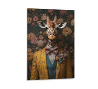Vintage Giraffe Wall Art Print Dressed Animal in Floral Suit with Bow Tie Quirky Anthropomorphic Poster for Office Decor Living Room Fashion Studio Or Eclectic Gallery Wall Gift 08x12inch Frame