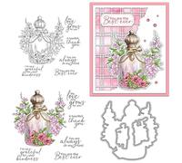 Vintage Glass Bottle Stamps and Die Cuts for Card Making Roses Flowers Transparent Silicone Clear Stamp and Metal Cutting Dies Sets for DIY Scrapbooking Paper Crafting Seals Decorative Supplies