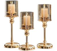 Vintage Glass Candle Holders Set, Elegant Iron Base Candlesticks for Home Decor, Stable Foundation with High Transparency Glass Shade for Living Room, Bedroom, Dining,(combination pack gold)