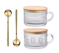 Vintage Glass Coffee Mugs Set of 2,Clear Embossed Glass Tea Cups with Bamboo Lids and Spoons, Cute Coffee Bar Accessories, for Cappuccino, Latte, Overnight Oats, Cereal,Yogurt,Gift(Translucent)