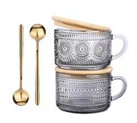 Vintage Glass Coffee Mugs Set of 2,Clear Embossed Glass Tea Cups with Bamboo Lids and Spoons, Cute Coffee Bar Accessories, for Cappuccino, Latte, Overnight Oats, Cereal,Yogurt,Gift(Gray)
