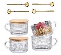 Vintage Glass Coffee Mugs Set of 4,Clear Embossed Glass Tea Cups with Bamboo Lids and Spoons, Cute Coffee Bar Accessories, for Cappuccino, Latte, Overnight Oats , Cereal ,Yogurt,Giftt(Translucent)