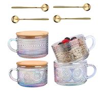 Vintage Glass Coffee Mugs Set of 4,Clear Embossed Glass Tea Cups with Bamboo Lids and Spoons, Cute Coffee Bar Accessories, for Cappuccino, Latte, Overnight Oats, Cereal,Yogurt,Gift(Rainbow)