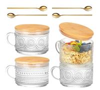 Vintage Glass Coffee Mugs Set of 4, Overnight Oats Containers with Bamboo Lids and Spoons - 14oz Clear Tea Cups for Cappuccino Latte Americano Cereal Yogurt Beverage