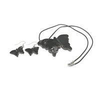 Vintage Glass Necklace Earrings Black Pendant Set and Women