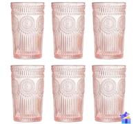 Vintage Glassware Romantic Drinking Glasses - 12 OZ Pink Glassware Embossed Glasses Drinking Set of 6 - Perfect Glass cups for Coffee, Cocktails, and Beverages, Dishwasher Safe, Ideal for Gifting