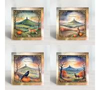 Vintage Glastonbury Tor Samhain, Halloween Blessings Pagan, Wicca, Greeting cards for festivals, altars, rituals and celebrations - Fox, Hare, Raven and Stag