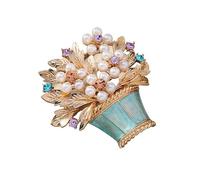 Vintage Glazed Pearl Flower Brooch - Elegant Rhinestone Potted Pin for Women(Blue)