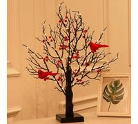 Vintage Glowing Cardinal Tree with Berries, 24 LED Cardinal Christmas Tree with Lighted Branches, 21 Inch Light Up Mini Xmas Decor for Indoor Tabletop Centerpiece (Red)