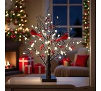 Vintage Glowing Tree with and Berries - 21 Inch LED Lighted White Birch Tree Tabletop Ornament with Red Birds Battery Operated Holiday Christmas Centerpiece Home Seasonal Decor