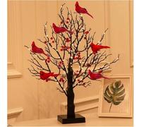 Vintage Glowing Tree with Cardinal, LED Mini Birch Light with Lighted Branches Berries, Operated by Battery Twinkle Trees Lamp with Little Birds for Halloween, Christmas (1pcs)