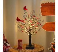 Vintage Glowing Tree with Cardinal, Red Bird Tree Lights, Christmas Tabletop Decorations Indoor, Light Up Christmas Trees with Bird and Berries for Tabletop Centerpiece Decorations