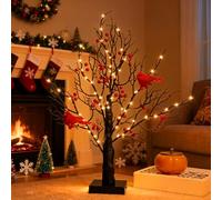 Vintage Glowing Tree with Cardinals, 2026 LED Vintage Glowing Tree with Red Bird and Berries, Christmas TwinkleTree with Berries for Tabletop Centerpiece Christmas Decorations Holiday Party