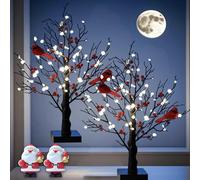 Vintage Glowing Tree with Cardinals, 21in Birch LED Lights for Christmas & Halloween Tabletop Centerpiece, With Berries and Red Cardinal, For Home Table Centerpiece Mantel Decor (2pc)