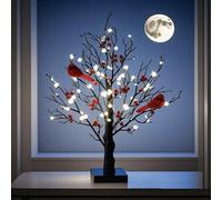 Vintage Glowing Tree with Cardinals - LED Lighted Birch Tree with Red Birds and Berries, Tabletop Seasonal Holiday Decoration for Christmas Halloween and Home Office Decor (1)