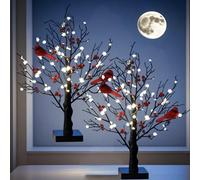 Vintage Glowing Tree with Cardinals - LED Lighted Birch Tree with Red Birds and Berries, Tabletop Seasonal Holiday Decoration for Christmas Halloween and Home Office Decor (2)