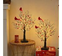 Vintage Glowing Tree with Cardinals, LED Vintage Glowing Tree with Red Bird and Berries,Twinkle Trees Lamp with Lighted Branches, Artificial Christmas Trees Twig Branches for Table Ornament (2pcs)