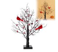Vintage Glowing Tree with Red Bird,Christmas Light up Tree Tabletop,21in LED Mini White Birch with Berries, Xmas Ornament for Tabletop Centerpiece Decorations Holiday Party, Indoor Office Decor (1)