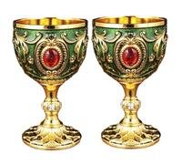 Vintage Goblets, Wine Goblet Set of 2, Wine Glasses Goblets, Gold Jeweled Goblet, Royal Wine Cups Gold + Green, Vintage Water Glasses, Drink Glasses for Party