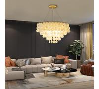 Vintage Gold Chandelier E14 Indoor Seashell Lighting Adjustable Height Capiz Ceiling Light Chic Antique Coastal Style Perfect for Dining Room Decor.