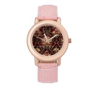 Vintage Gold Damask Pattern Women’s Watch Quartz Wristwatch Analog with Leather Strap for Office