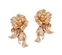 Vintage Gold Floral Bow Dangle Earrings Sparkling Rhinestone-Embellished Statement Drop Earrings Retro Glamour Large Flower Design for Women