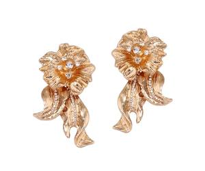 Vintage Gold Floral Bow Dangle Earrings Sparkling Rhinestone-Embellished Statement Drop Earrings Retro Glamour Large Flower Design for Women