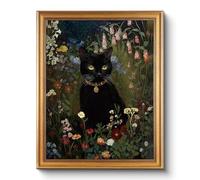 Vintage Gold Frame Black Cat in Garden 16x20 Botanical Wildflower Wall Art