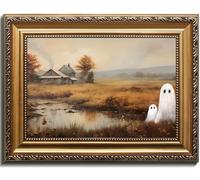 Vintage Gold Framed Halloween Wall Art, Cute Ghosts in Field Canvas Painting, Moody Gothic Ghost Poster Print for Living Room Bedroom Bathroom, Halloween Home Wall Decor 16x24 Inch