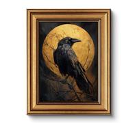 Vintage Gold Framed Raven Wall Art 8x10 Inch Gothic Crow Illustration with Full Moon Background, Dark Academia Animal Artwork Artistic Bird Print, Classic Living Room Study Home Decor