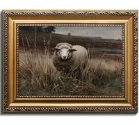 Vintage Gold Framed Sheep in Meadow Oil Painting, Sheep Wall Decor Farmhouse Animal Wall Art Rustic Country Decor for Bedroom, Living Room, Office Sheep Gifts - 12x16 Inch