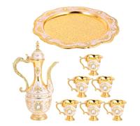 Vintage Gold Metal Chalice Goblets Set with Embossed Details and Tray | 250ml Decanter, 30ml Cups, Sparkling Gemstone Accents, Palace-inspired Styling, for Wine, Liquor, Tea Parties and Dining
