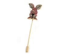 Vintage Gold Tone Clear/Pink Crystal Happy Easter Bunny Lapel, Hat, Suit, Tuxedo, Collar, Scarf, Coat Stick Brooch Pin - 65mm L