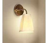 Vintage Gold Wall Sconce with Pleated Fabric Shade Mid Century Modern Wall Mounted Nightstand Lights Antique Nordic White Lamp for Bedroom Kids Bedside Farmhouse Living Room Bathroom