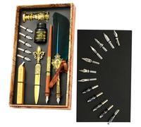 Vintage Goose Feather Set, Antique Fountain Pen for Writing, Calligraphy Pen Ink Set with Replacement Tips, Ink, Seal Sticks, Seal Stamp, Set