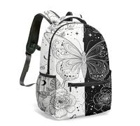 Vintage Gothic Butterfly Backpack, Black White Rose Lace 41cm Bookbag, Elegant Victorian Style All Over Print Daypack (04)