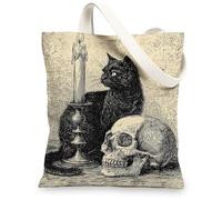 Vintage Gothic Cat Skull Canvas Tote Bag Reusable Lightweight Washable Tote Bag with Shoulder Strap for Sho, Black, 13x15 Inch