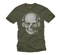 Vintage Gothic Clothing - Smoking Skull T-Shirt with Headphones for Men Green XL
