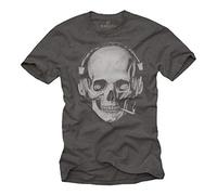 Vintage Gothic Clothing - Smoking Skull T-Shirt with Headphones for Men Grey XXXXXL