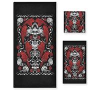 Vintage Gothic Coat of Red Arms Rose Wings Skulls Bones Set of 3 Highly Soft Absorbent Cotton Towels, 1 Bath Towel, 1 Hand Towel, 1 Face Washcloth for Spa Bathroom Hotel Kitchen Gym