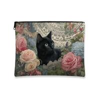 Vintage Gothic Makeup Bag, Cat Floral Medieval Cosmetic Travel Organizer for Women, Portable Canvas Zipper Pouch, Spring Festival Gift Skincare Toiletry Holder, black, 7x9 Inch, Cat