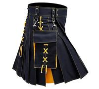 Vintage Gothic Punk Rock Men's Medieval Warrior Kilt Fashion Leather Patchwork Pocket Knight Rock Costume Scottish Skirt Carnival Traditional Kilt, yellow, XXL