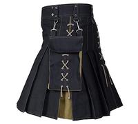 Vintage Gothic Punk Rock Men's Medieval Warrior Kilt Fashion Leather Patchwork Pocket Knight Skirt Costume Scottish Skirt Carnival Traditional Kilt, khaki, L