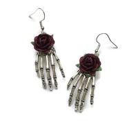 Vintage Gothic Skeleton Hand & Rose Drop Earrings - Punk Halloween Costume Jewelry, Spooky Dangle Earrings for Women, Ideal for Halloween Parties & Gothic Styles（dark red）