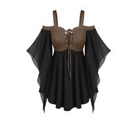 Vintage Gothic Strappy Front Dresses for Women UK Lace-up Mesh Sleeve A-Line Swing Dress Off Shoulder Empire Waist Above Knee Dress Carnival Halloween Party Dresses Witch Fairy Cosplay Coffee
