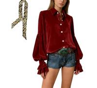 Vintage Gothic Velvet Shirts for Women Casual Puffer Ruffle Long Sleeve Button Down Collared Blouses (Red,XXL)
