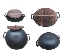 Vintage Gourmet ® Authentic Pre-Seasoned 35cm Diameter Cast Iron Large Deep Wok with Two Integral Handles, Flat Bottom Overall 42cm Wide -Versatile Cookware Complete with Sealed Wooden Lid Best Taste