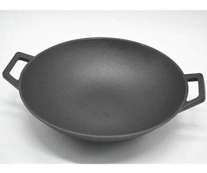 Vintage Gourmet ® Authentic Pre-Seasoned 35cm Diameter Cast Iron Large Deep Wok with Two Integral Handles, Flat Bottom Overall 42cm Wide -Versatile Cookware